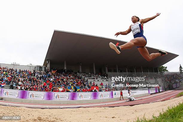 Jazmin Sawyers of Great Britain competes in the Women's Long Jump on day four of the European Athletics U23 Championships at Kadriorg Stadium on July...