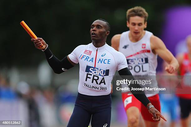 Thomas Jordier of France celebrates winning the Men's 4x400m Relay on day four of the European Athletics U23 Championships at Kadriorg Stadium on...