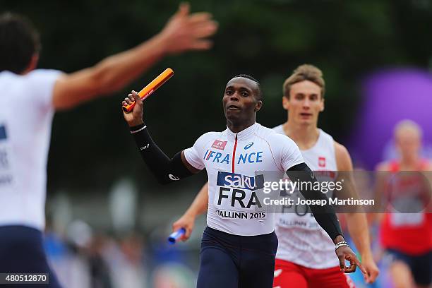 Thomas Jordier of France celebrates winning the Men's 4x400m Relay on day four of the European Athletics U23 Championships at Kadriorg Stadium on...