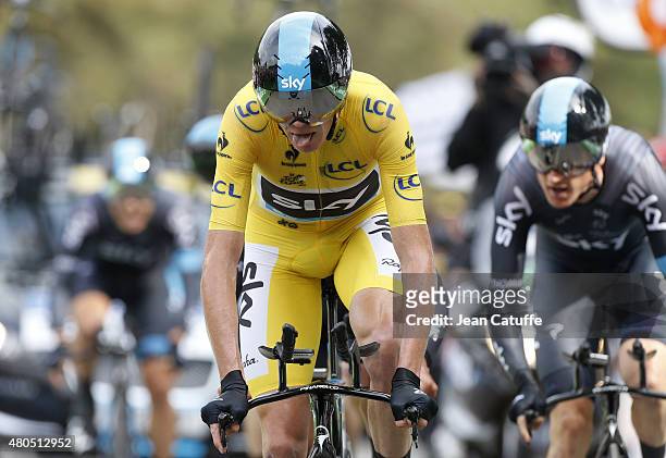 Chris Froome of Great Britain and Team Sky leads Team Sky during stage nine of the 2015 Tour de France, a 28 km team time trial from Vannes to...
