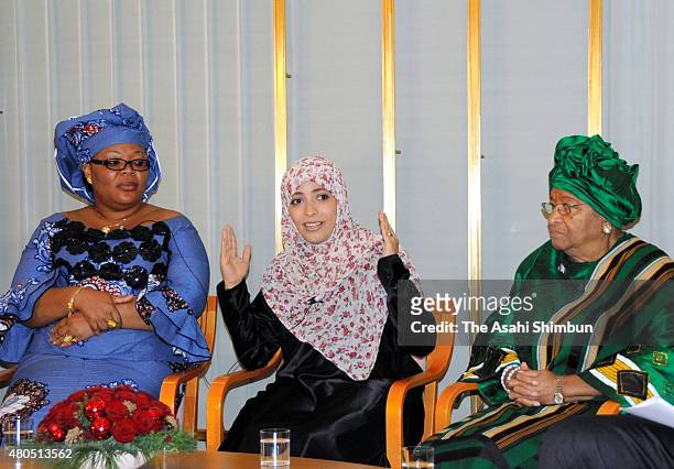 Nobel Peace Prize laureates Leymah Gbowee, Tawakul Karman and Ellen Johnson Sirleaf meet press ahead of the the Nobel Peace Prize ceremony at The...