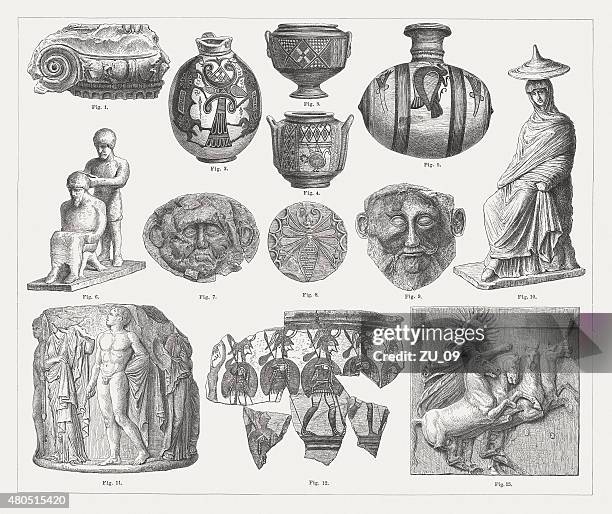 ancient archaeological artefacts, published in 1880 - heinrich schliemann stock illustrations
