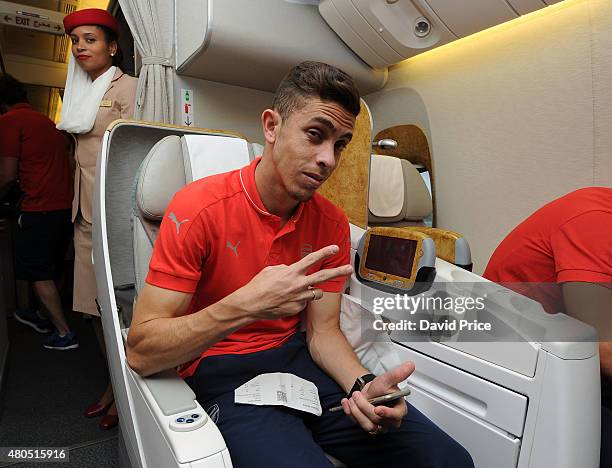 Gabriel of Arsenal on the Emirates plane at Stansted Airport on July 12, 2015 in London, England.