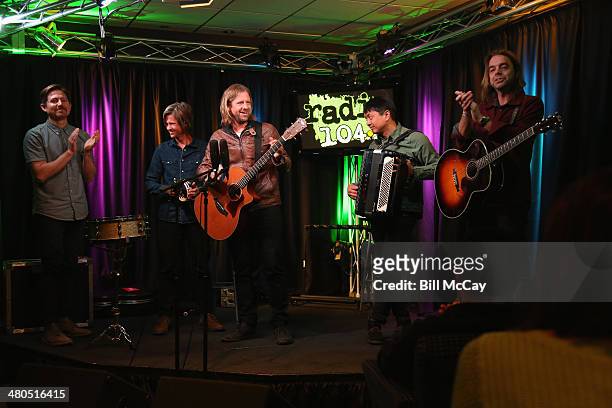 Chad Butler, Tim Foreman Jon Foreman, Jerome Fontamillas and Drew Shirley of Switchfoot perform at Radio 104.5 Performance Theater March 25, 2014 in...