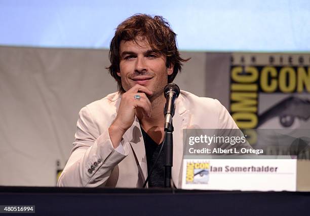 Actor Ian Somerhalder speaks onstage at the "The Vampire Diaries" panel during Comic-Con International 2015 at the San Diego Convention Center on...