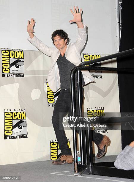 Actor Ian Somerhalder walks onstage at the "The Vampire Diaries" panel during Comic-Con International 2015 at the San Diego Convention Center on July...