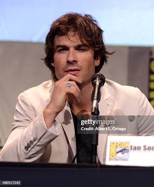 Actor Ian Somerhalder speaks onstage at the "The Vampire Diaries" panel during Comic-Con International 2015 at the San Diego Convention Center on...