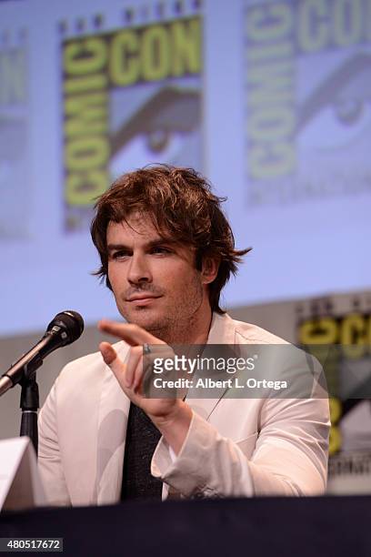 Actor Ian Somerhalder speaks onstage at the "The Vampire Diaries" panel during Comic-Con International 2015 at the San Diego Convention Center on...