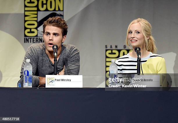 Actor Paul Wesley and actress Candice Accola speak onstage at the "The Vampire Diaries" panel during Comic-Con International 2015 at the San Diego...