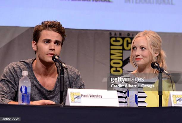 Actor Paul Wesley and actress Candice Accola speak onstage at the "The Vampire Diaries" panel during Comic-Con International 2015 at the San Diego...