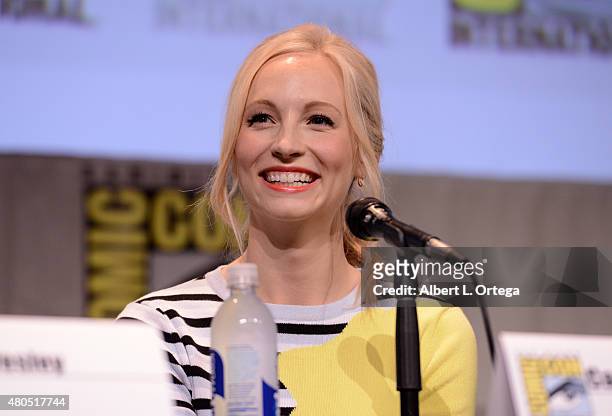Actress Candice Accola speaks onstage at the "The Vampire Diaries" panel during Comic-Con International 2015 at the San Diego Convention Center on...