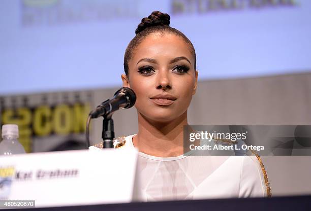Actress Kat Graham speaks onstage at the "The Vampire Diaries" panel during Comic-Con International 2015 at the San Diego Convention Center on July...