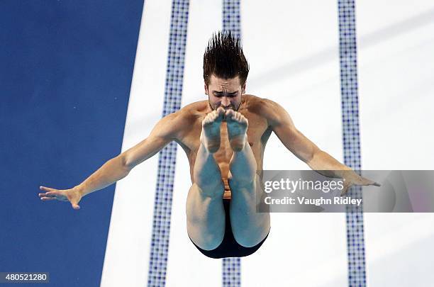 Maxim Bouchard of Canada competes in the Men's 10m Platform Prelims during the Toronto 2015 Pan Am Games at the CIBC Aquatic Centre on July 12, 2015...