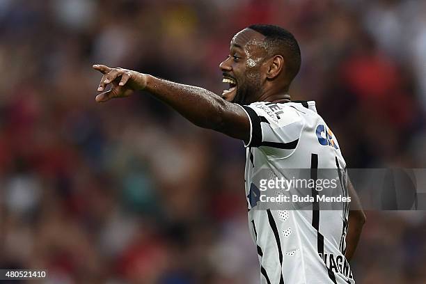 Vagner Love of Corinthians gestures during a match between Flamengo and Corinthians as part of Brasileirao Series A 2015 at Maracana Stadium on July...