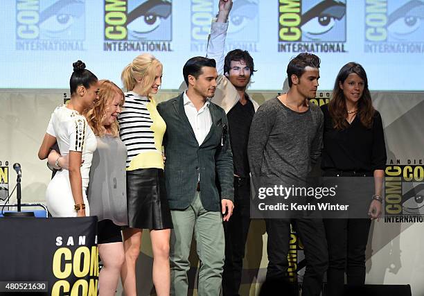 Actress Kat Graham, producer Julie Plec, actress Candice Accola, actor Michael Malarkey, actor Ian Somerhalder, actor Paul Wesley and producer...