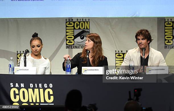 Actress Kat Graham, producer Caroline Dries and actor Ian Somerhalder speak onstage at the "The Vampire Diaries" panel during Comic-Con International...