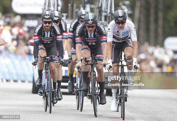 Warren Barguil of France and Team Giant-Alpecin leads his teammates during stage nine of the 2015 Tour de France, a 28 km team time trial from Vannes...