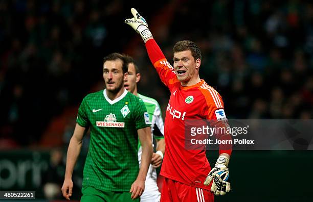 Goalkeeper Max Gruen of Wolfsburg gestures during the Bundesliga match between Werder Bremen and VfL Wolfsburg at Weserstadion on March 25, 2014 in...