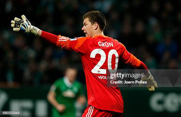 Goalkeeper Max Gruen of Wolfsburg gestures during the Bundesliga match between Werder Bremen and VfL Wolfsburg at Weserstadion on March 25, 2014 in...