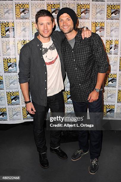 Actors Jensen Ackles and Jared Padalecki attend the "Supernatural" panel during Comic-Con International 2015 at the San Diego Convention Center on...