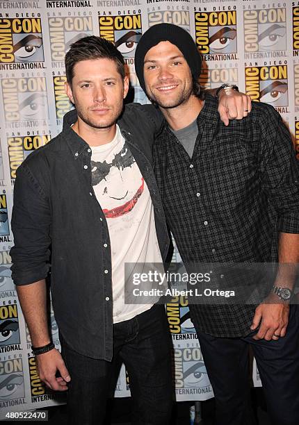 Actors Jensen Ackles and Jared Padalecki attend the "Supernatural" panel during Comic-Con International 2015 at the San Diego Convention Center on...