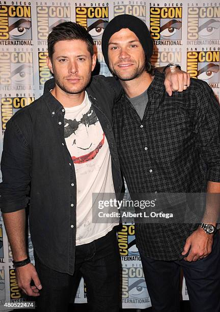 Actors Jensen Ackles and Jared Padalecki attend the "Supernatural" panel during Comic-Con International 2015 at the San Diego Convention Center on...