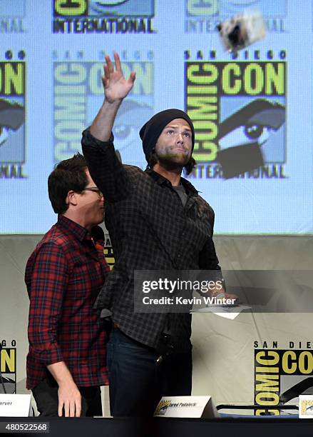 Actor Jared Padalecki waves to fans at the "Supernatural" panel during Comic-Con International 2015 at the San Diego Convention Center on July 12,...