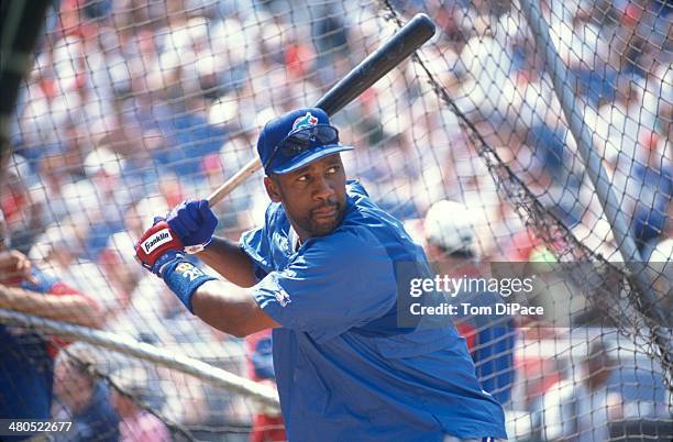 Joe Carter of the Toronto Blue Jays takes batting practice before the 67th MLB All-Star game between the American and National Leagues at Veterans...