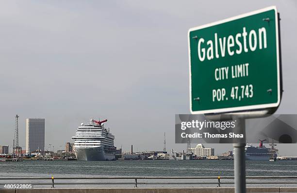 The Carnival Cruise Ship "Triumph" along with two other cruise ships sit in the Houston Port unable to leave after an oil spill on March 25, 2014 in...