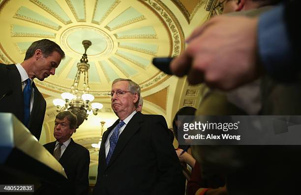 Senate Minority Leader Sen. Mitch McConnell , Sen. Roy Blunt , and Sen. John Thune speak to members of the media after the weekly Senate Republican...