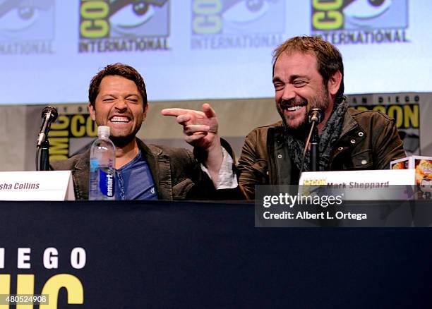 Actors Misha Collins and Mark Sheppard speak onstage at the "Supernatural" panel during Comic-Con International 2015 at the San Diego Convention...