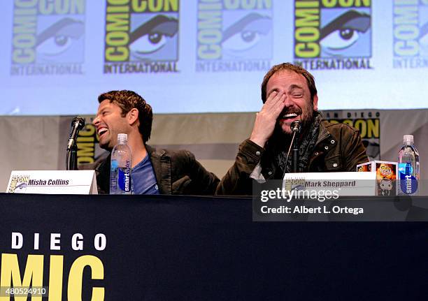 Actors Misha Collins and Mark Sheppard speak onstage at the "Supernatural" panel during Comic-Con International 2015 at the San Diego Convention...