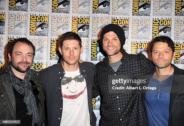 Actors Mark Sheppard, Jensen Ackles, Jared Padalecki and Misha Collins attend the "Supernatural" panel during Comic-Con International 2015 at the San...