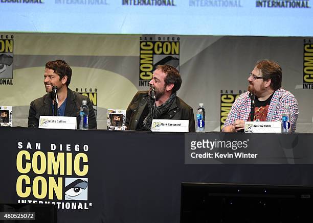 Actor Misha Collins, actor Mark Sheppard and producer Andrew Dabb speak onstage at the "Supernatural" panel during Comic-Con International 2015 at...