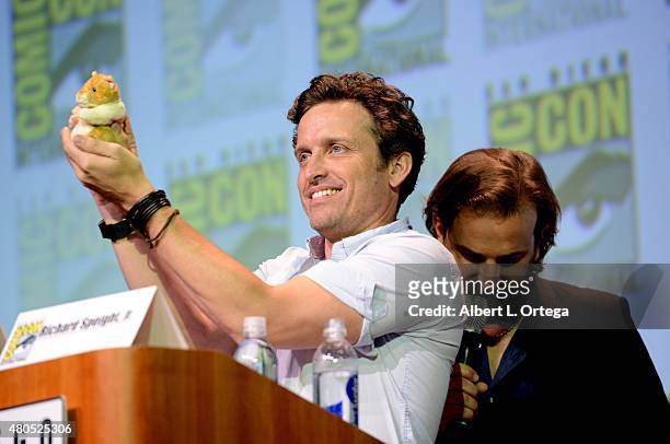 Actor Rob Benedict speaks onstage at the "Supernatural" panel during Comic-Con International 2015 at the San Diego Convention Center on July 12, 2015...