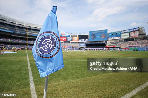 The New York City FC corner flag at the MLS match between Toronto FC and New York City FC at Yankee Stadium on July 12, 2015 in New York City.