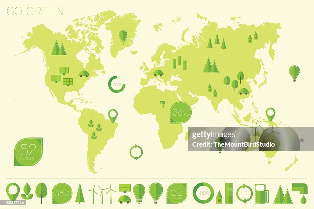 World high detailed map ecology eco icons vector