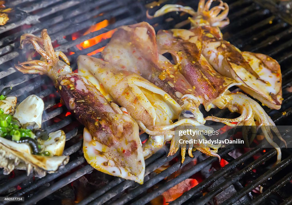 Squid seafood in BBQ Flames