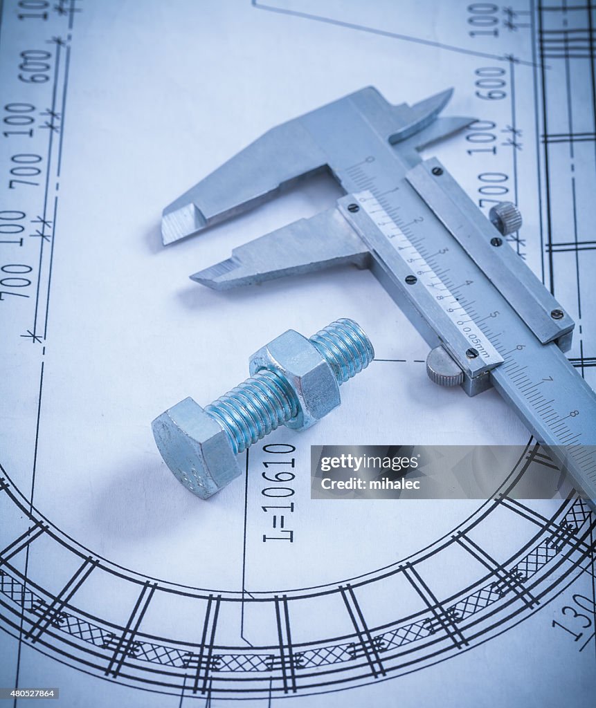 Stainless bolt with screw nut roller bearings on blueprint const