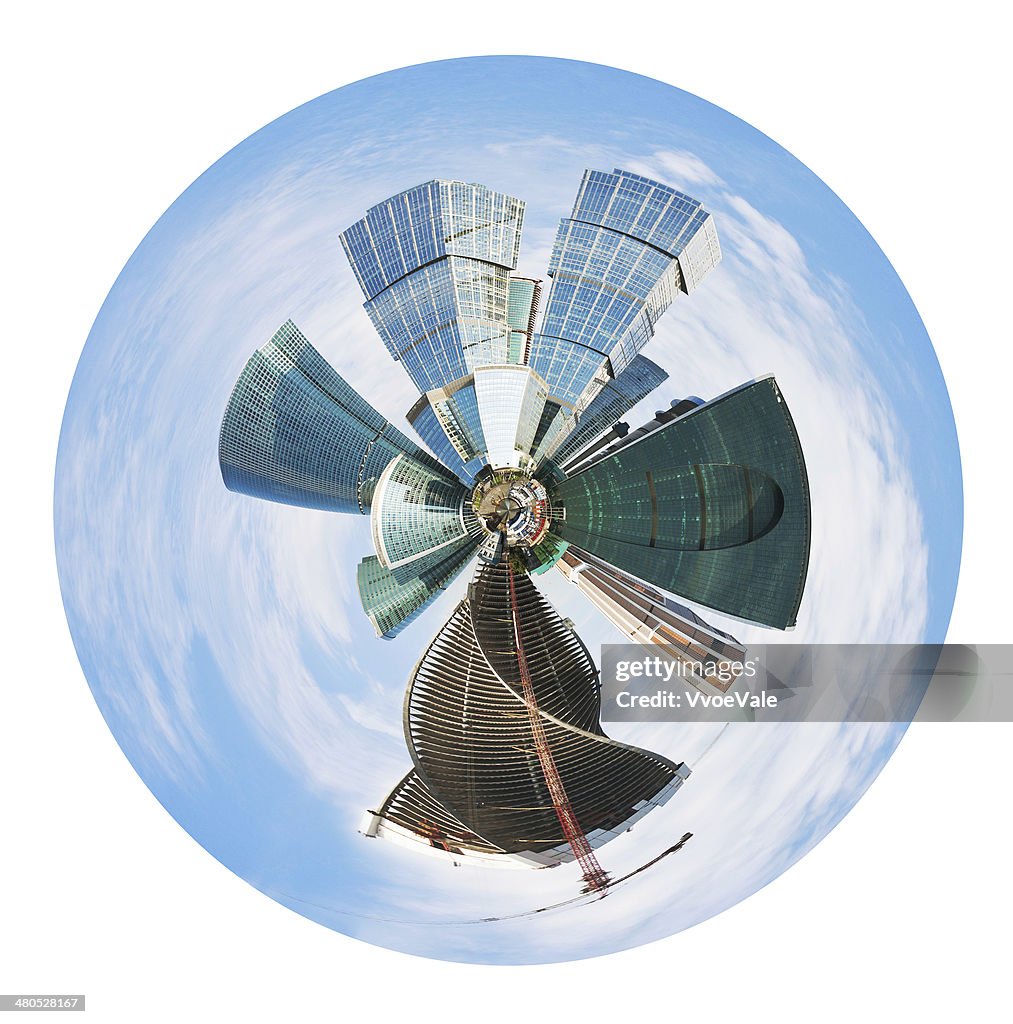 Spherical panoramic skyline of Moscow city