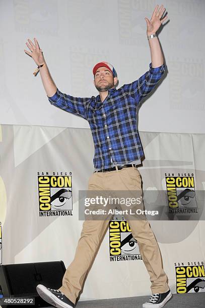 Actor Zachary Levi walks onstage at the "Heroes Reborn" exclusive extended trailer and panel during Comic-Con International 2015 at the San Diego...