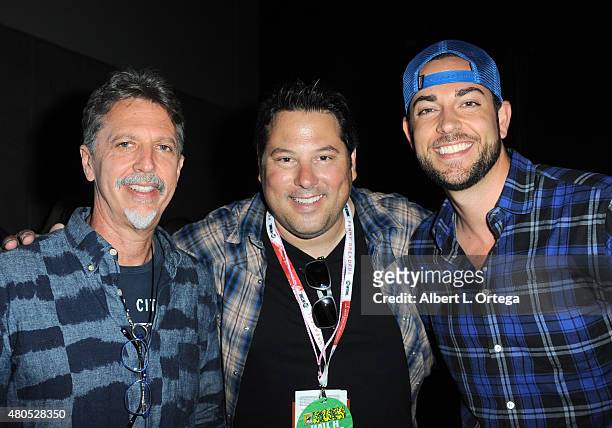 Writer/producer Tim Kring, actors Greg Grunberg and Zachary Levi pose at the "Heroes Reborn" exclusive extended trailer and panel during Comic-Con...
