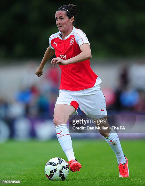 Natalia De Pablos Sanchon of Arsenal in action during the WSL match between Arsenal Ladies and Liverpool Ladies at Meadow Park on July 12, 2015 in...