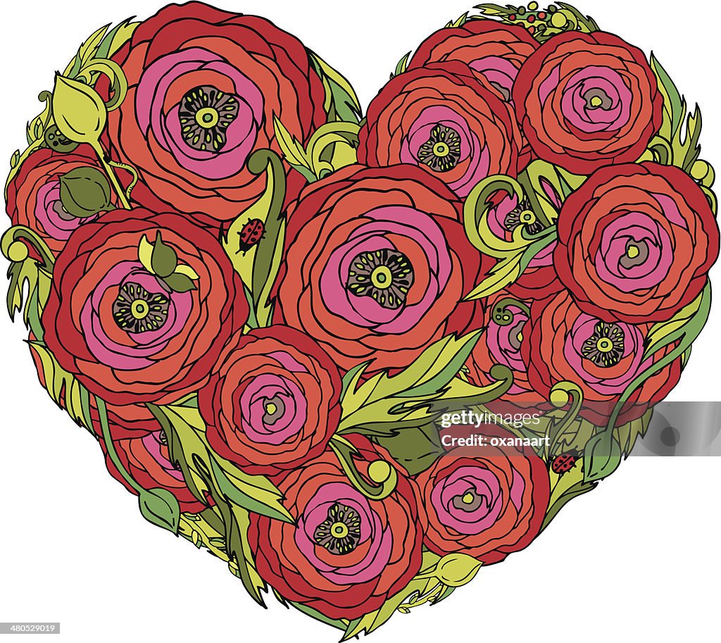 Vector heart with red ranunculus flowers