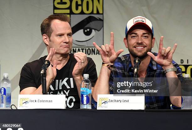 Actors Jack Coleman and Zachary Levi speak onstage at the "Heroes Reborn" exclusive extended trailer and panel during Comic-Con International 2015 at...