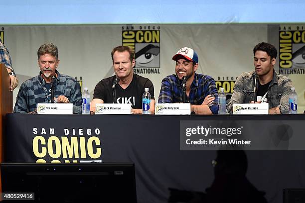 Writer/producer Tim Kring, actors Jack Coleman, Zachary Levi and Ryan Guzman speak onstage at the "Heroes Reborn" exclusive extended trailer and...