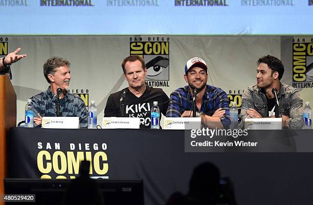 Writer/producer Tim Kring, actors Jack Coleman, Zachary Levi and Ryan Guzman speak onstage at the "Heroes Reborn" exclusive extended trailer and...