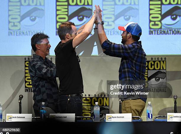 Writer/producer Tim Kring, actors Jack Coleman and Zachary Levi greet onstage at the "Heroes Reborn" exclusive extended trailer and panel during...