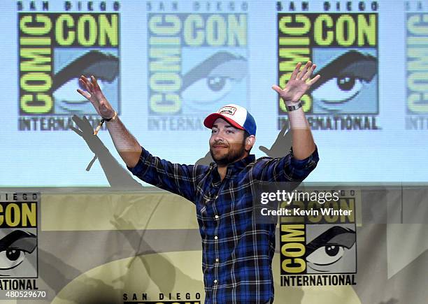 Actor Zachary Levi walks onstage at the "Heroes Reborn" exclusive extended trailer and panel during Comic-Con International 2015 at the San Diego...