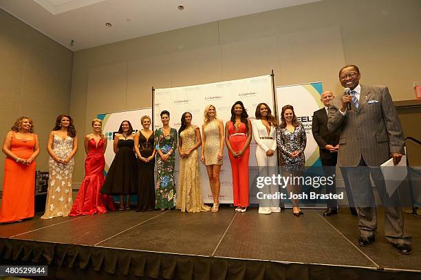 Mayor- President of Baton Rouge Melvin "Kip" Holden speaks onstage with President of the Miss Universe Organization Paula M. Shugart, Nia Sanchez,...